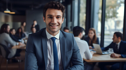 Happy young businessman attending a meeting. generative ai.