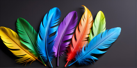 Colorful feathers, black background, Generative Ai
