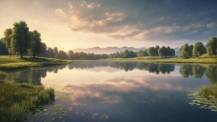 Peaceful dawn landscape with reflection on lake, trees, and sky
