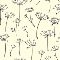 Vector seamless pattern with hand drawn dill umbels. Beautiful ink drawing, vintage botanical style. Perfect for prints and patterns - obrazy, fototapety, plakaty