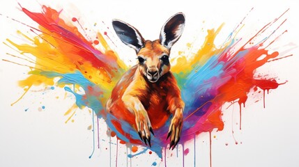 a playful and colorful interpretation of a jumping kangaroo, its powerful hind legs and curious expression brought to life in vibrant hues on a white background,   - obrazy, fototapety, plakaty