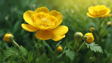 Fototapeta premium Vibrant yellow flowers in a green garden with sunlight 