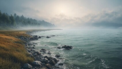 Obraz premium Misty morning landscape with Peaceful sea and cloudy sky 