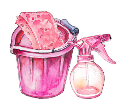 Bucket with sponge and detergent spray illustration. Watercolor hand painted tools for house cleaning. Cleaning service design. Housework concept clipart. Floor and window cleaning supplies.
