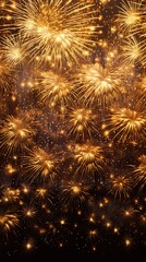 A dazzling spectacle of firework patterns and vibrant streamers, cascading over a shimmering gold canvas. Party, celebration, New Year, Christmas, ceremony. Vertical orientation.  - obrazy, fototapety, plakaty