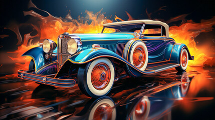 vintage roadster car with flames