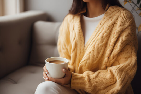 Woman wearing a warm pullover and holding a cup of coffee. Drink at morning. A girl in a cozy house drinks a hot drink.
