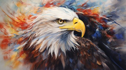 a portrayal of a bald eagle, its fierce and determined gaze depicted in striking colors on a pristine white canvas, symbolizing strength and freedom.
