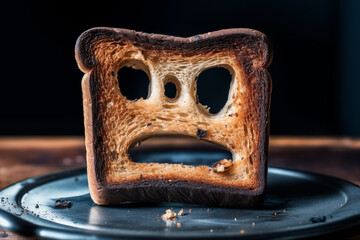 Burnt toast with an angry face expressing the emotion of sadness or sarcasm. Burnt toast bread slices out of a toaster. Сoncept of unsuccessful breakfast preparation before a work day or weekend - obrazy, fototapety, plakaty