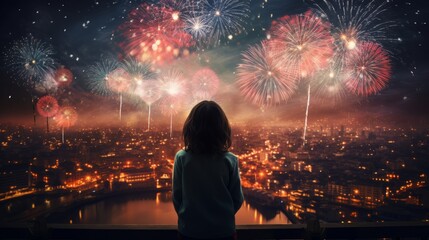 Silhouette of a Kid watching Beautiful midnight fireworks above the city. Child adores stunning fireworks show. Kid watching Bright and colorful fireworks at a festival.