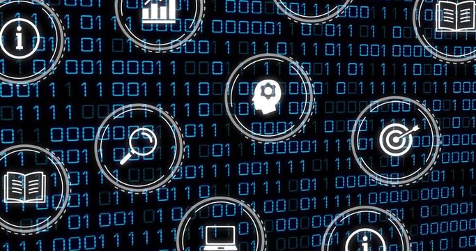 Animation of network of connections with icons and binary coding on black background