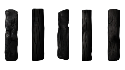 Set of Charcoal Sticks Isolated on Transparent or White Background, PNG