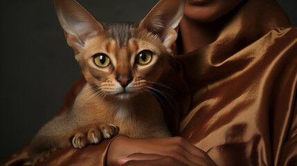 Gros plan d'un chat de race abyssin dans les bras de sa maîtresse - obrazy, fototapety, plakaty