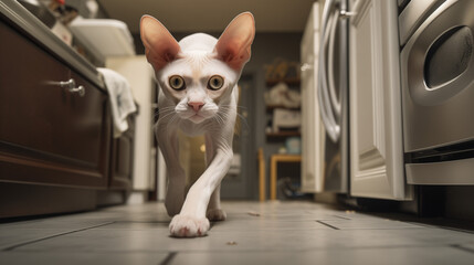 Chat blanc de race Devon Rex crème marchant dans la cuisine de la maison - obrazy, fototapety, plakaty