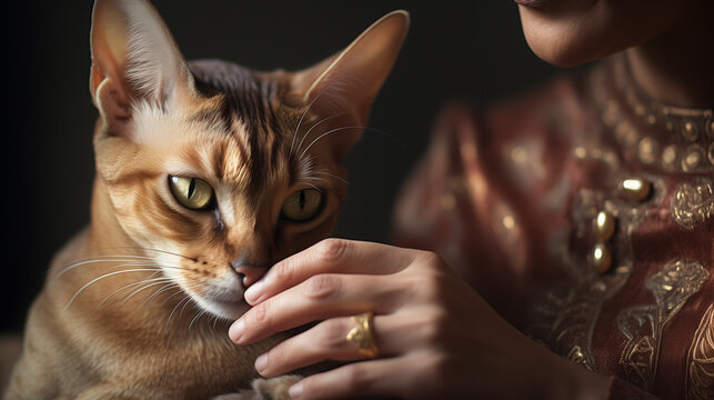 Gros plan d'une femme approchant sa main d'un chat de race abyssin