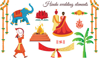 indian hindu wedding elements vector - obrazy, fototapety, plakaty