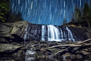 Shot of rushing waterfall near a trail under the starry sky