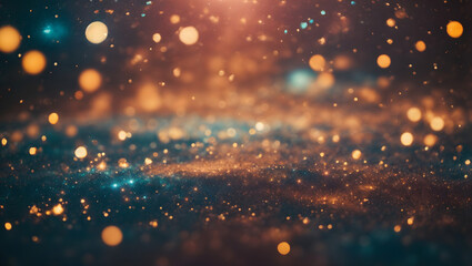 Fototapeta na wymiar An abstract background resembling a cosmic scene with scattered bokeh lights representing stardust amidst celestial bodies, rendered in retro color tones for a nostalgic space-inspired mood.