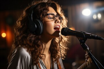 Portrait of young woman in specialized headphones who sings into microphone in recording studio, singing, songwriting, karaoke