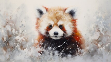 a representation of a playful red panda, its fluffy tail and curious expression portrayed in vivid colors on a pristine white canvas, symbolizing the charm and cuteness of these adorable animals.