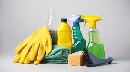 Cleaning Supplies and Tools on Light Background