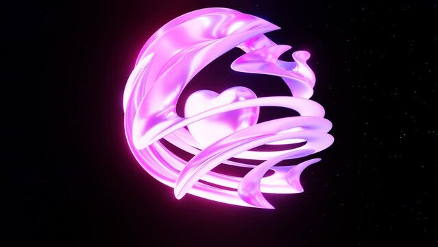 3d Abstract dreamy magic wallpaper animation. Purple holographic love heart and bulb morph metal shape in space with stars retro 80s 90s y2k 30fps 4k looped animation	