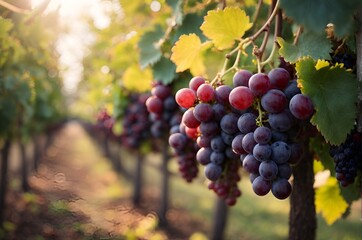 Fototapeta premium Fresh ripe grapes on a vineyard in a farm in the sunshine. 