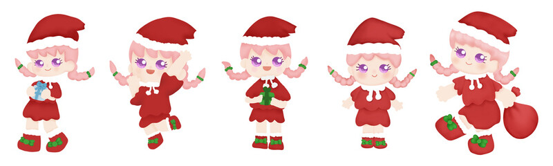 set of cute kid girl wearing santa costume in christmas holiday, watercolor  illustration