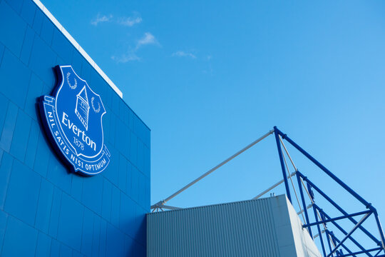 Liverpool, UK, February 2017:Everton FC football club stadium facade, showing club emblem and logo. Copy space. A 10 point deduction was meted out by an independent commission and imposed on Everton.