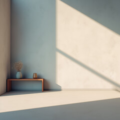 Modern Minimalistic Nook with Sunlight, Vase, and Shelf , wall background with copy space