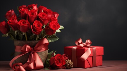 Bouquet of roses and gift box for Valentine's Day