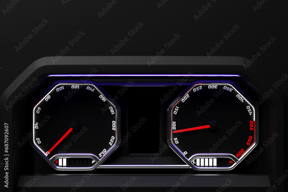 Poster 3d illustration of a car dashboard illuminated with bright backlight. speedometer, tachometer in the