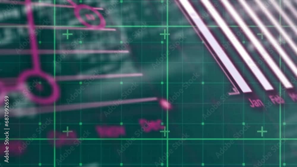 Poster animation of data processing over grid on green background