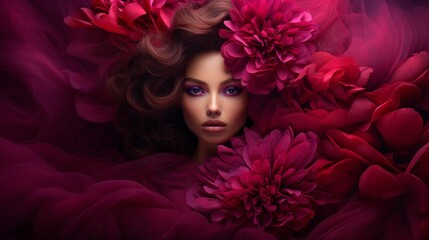 Art Portrait of a beautiful girl with magenta makeup. Fashion photo of a girl with purple flowers in hair. Dark magenta color concept. Beautiful face of young sensual attractive woman. Fantasy style