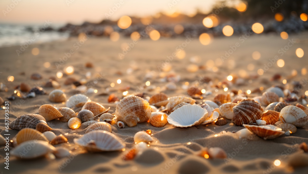 Poster an abstract composition of seashells scattered on the beach, adorned with bokeh lights twinkling in 