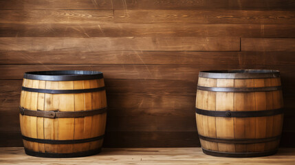 Two wooden barrels on wooden background in cellar of vinery. Generative AI