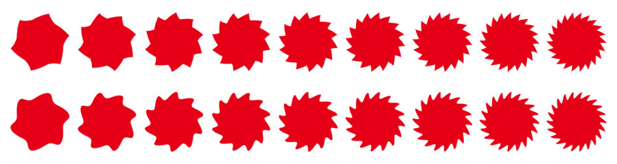 Set of red starburst. Empty sunburst or sale sticker, retro stars label, price tags, discount or sale element collection.