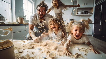 Young caucasian family being messy and having fun baking together in the kitchen. generative ai.