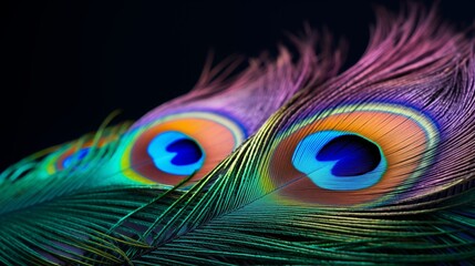 Fototapeta premium Exotic background with two close-up peacock feathers on dark blue background