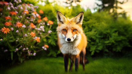 Fototapeta premium Portrait of a Red fox standing on a green grass in summer