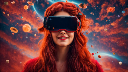 Beautiful happy girl smiling in virtual reality glasses background