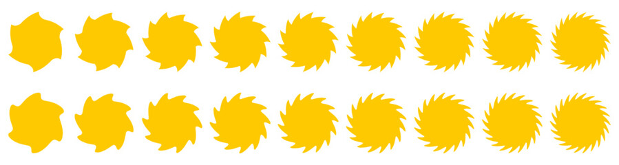 Set of yellow sunburst with twist. Empty sunburst or sale sticker, retro stars label, price tags, discount or sale element collection.