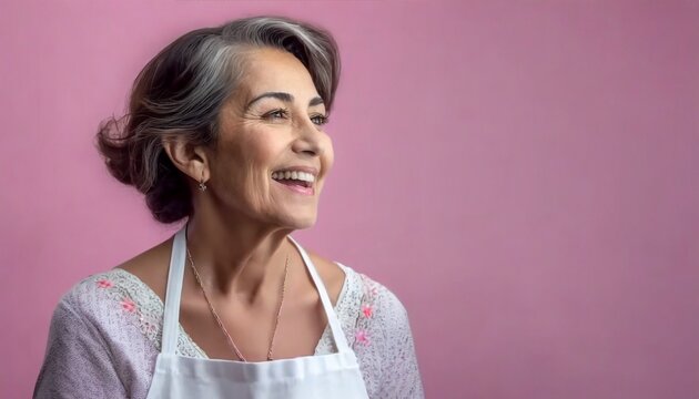 Encantadora imagen de una mujer mayor sonriente, con delantal de cocina y cabello blanco, inmersa en la cocina. La pared rosa crea un ambiente encantador, evocando la esencia de la cocina de la abuela