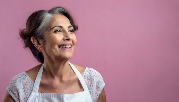 Encantadora imagen de una mujer mayor sonriente, con delantal de cocina y cabello blanco, inmersa en la cocina. La pared rosa crea un ambiente encantador, evocando la esencia de la cocina de la abuela