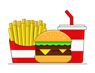 Fast food. French fries, burger and drink