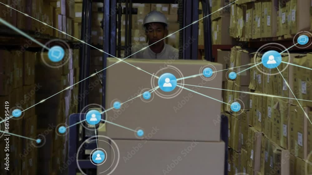 Poster animation of network of connections with icons over biracial man working in warehouse