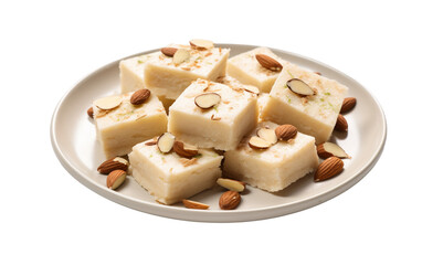 Milk Barfi Adorned with Almond Garnish on a Plate Isolated on Transparent Background PNG.