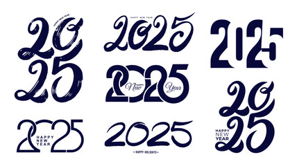 Big set 2025 Happy New Year logo text design. Numbers hand drawn, with a brush. Collection of 2025 number design template. Vector symbols decoration. Christmas vector illustration with black labels