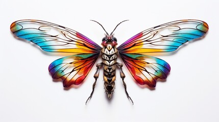 a solitary, colorful insect artfully arranged on a pristine white surface. The vibrant colors and delicate details create a visually stunning masterpiece.