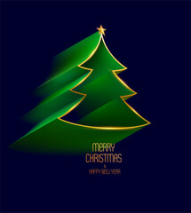 3D origami Christmas tree on dark background. Holiday greeting card design.
